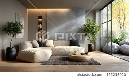 minimal living room with smart lighting empty sofa neutral tones clean interior 133232020