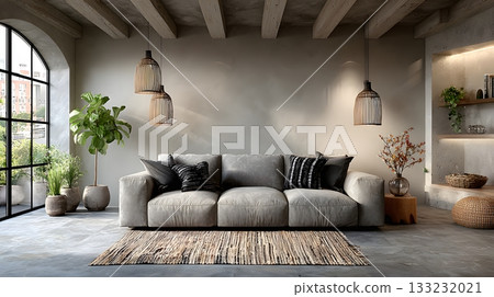 minimal living room with smart lighting empty sofa neutral tones clean interior 133232021