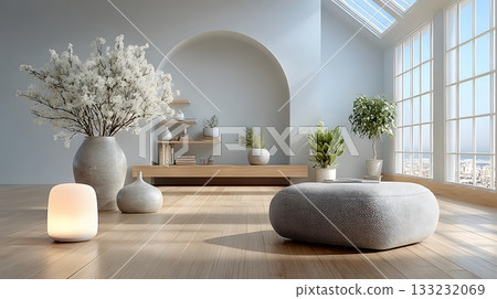 empty living room with smart hub glowing device clean minimal background empty living room with smart hub glowing device clean minimal background 133232069
