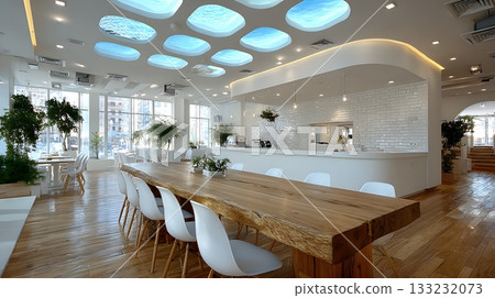 smart dining area empty chairs table modern furniture bright clean lighting 133232073