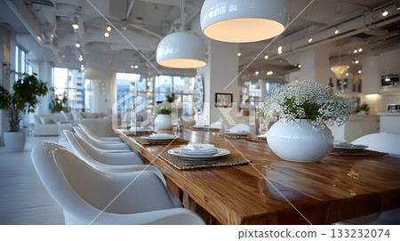 smart dining area empty chairs table modern furniture bright clean lighting 133232074