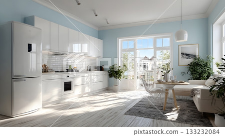 empty kitchen with smart refrigerator modern design bright clean background empty kitchen with smart refrigerator modern design bright clean background 133232084