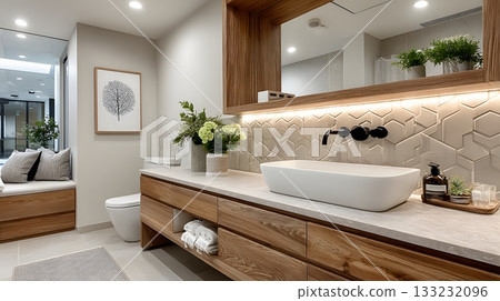 smart bathroom interior clean modern fixtures bright lighting minimal design 133232096
