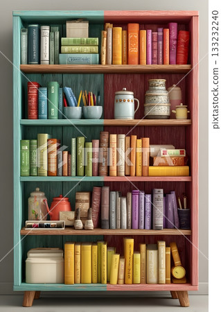 3D bookshelf with books isolated on white background detailed object 3D bookshelf with books isolated on white background detailed object 133232240