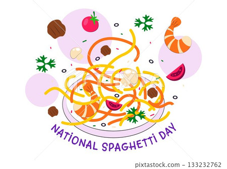 National Spaghetti Day Celebration Vector Illustration Featuring Various Noodle Dishes in a Fun And Festive Flat Style Cartoon Background 133232762