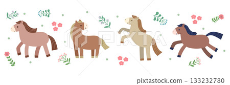一組向量插圖，包含四匹可愛的奔馬和簡單的花朵。 133232780