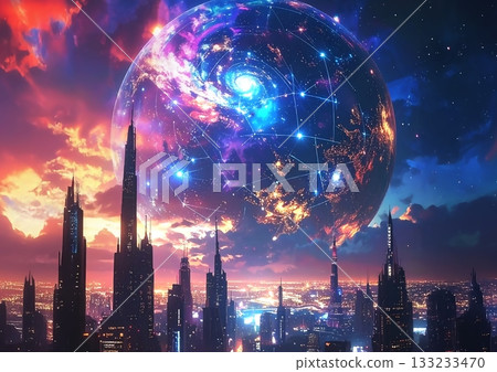 A future city with a global digital network 133233470