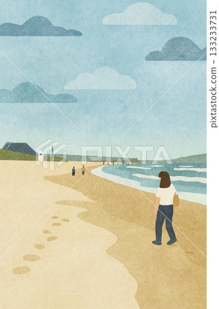 一位女子背影走在沙灘上 / 一幅清新怡人的夏日沙灘和藍天插圖 133233731