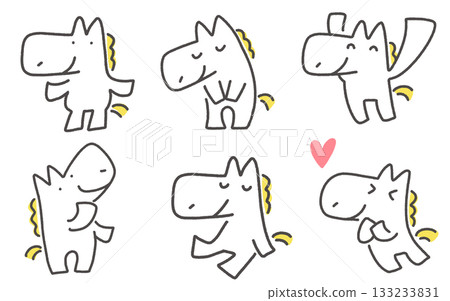 A set of white horses with various expressions and poses: bowing, looking up, sitting, cheers 133233831