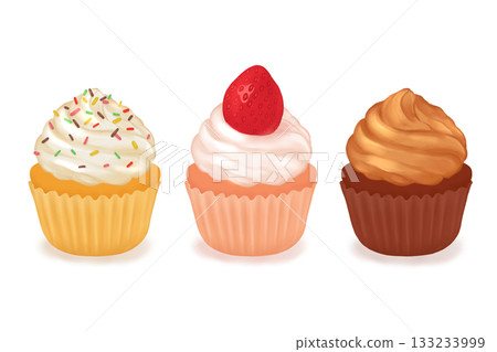 Illustration of decorated strawberry and chocolate cupcakes 133233999