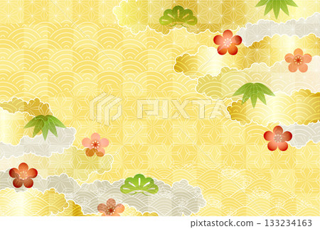 Japanese pattern pine, bamboo, plum, New Year's card, gold background Japanese pattern pine, bamboo, plum, New Year's card, gold background 133234163