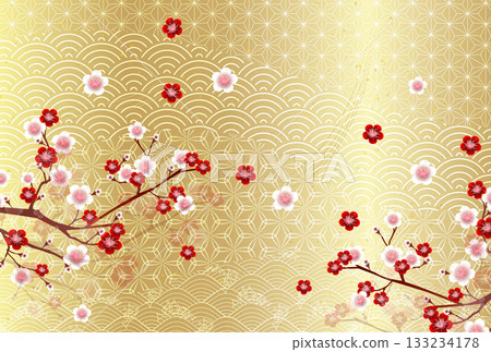 Plum Japanese pattern New Year's card gold background Plum Japanese pattern New Year's card gold background 133234178
