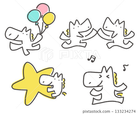 A set of cheerful and cute poses of white horses, musical notes, stars, balloons, and friends A set of cheerful and cute poses of white horses, musical notes, stars, balloons, and friends 133234274