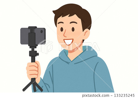 一位年輕男性 YouTuber 在家拍攝影片的插圖(智慧型手機拍攝,20 多歲,扁平化設計) 一位年輕男性 YouTuber 在家拍攝影片的插圖(智慧型手機拍攝,20 多歲,扁平化設計) 133235245