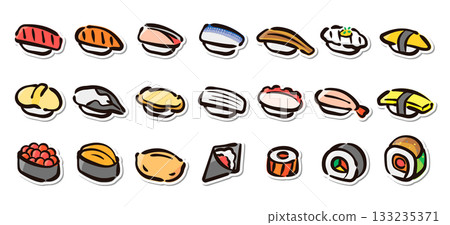 壽司手繪插畫貼紙套裝 - 壽司食材，日式料理菜單向量素材 133235371
