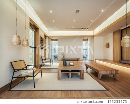 【AI生成/高解析度】日式現代簡約風格客廳。木材與光線和諧交融的高品質空間。 133235373