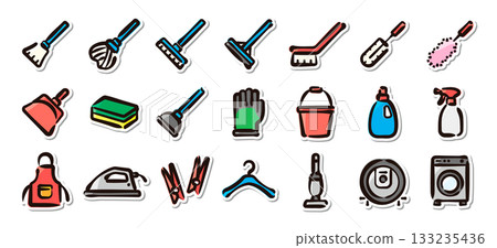 Cleaning and laundry hand-drawn illustration sticker set. Cleaning tools and laundry supplies vector material Cleaning and laundry hand-drawn illustration sticker set. Cleaning tools and laundry supplies vector material 133235436