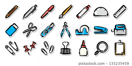 手繪文具插畫貼紙組。適用於學校和辦公室的文具向量素材。 手繪文具插畫貼紙組。適用於學校和辦公室的文具向量素材。 133235439