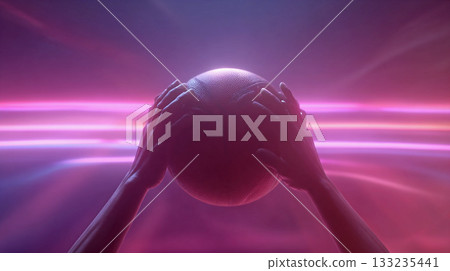 粉紅色霓虹燈照亮的籃球 133235441