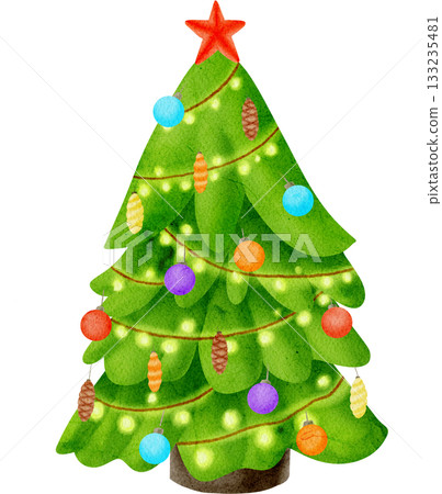 Christmas decorated tree. Watercolor illustration hand drawn in a children's style. Drawing for cards, invitations, banners. New Year, Christmas, tree, tree, decoration, holiday, fun, winter, December 133235481