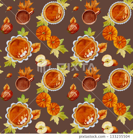 Seamless watercolor drawing of a pumpkin pie with dough decorations, an orange pumpkin, leaves, and a cup of drink on a brown background Seamless watercolor drawing of a pumpkin pie with dough decorations, an orange pumpkin, leaves, and a cup of drink on a brown background 133235504