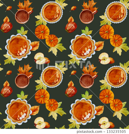 Seamless watercolor drawing of a pumpkin pie with dough decorations, an orange pumpkin, leaves, and a cup of drink on a green background Seamless watercolor drawing of a pumpkin pie with dough decorations, an orange pumpkin, leaves, and a cup of drink on a green background 133235505