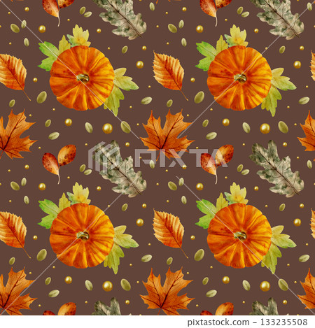 An autumn watercolor seamless pattern with leaves and pumpkins on a brown background. 133235508