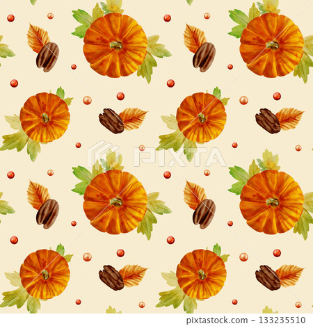 A watercolor autumn seamless pattern with leaves, pumpkins, and macadamia nuts on a beige background. A watercolor autumn seamless pattern with leaves, pumpkins, and macadamia nuts on a beige background. 133235510