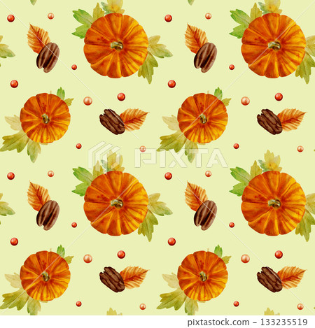 An autumn watercolor seamless pattern with leaves, pumpkins, and macadamia nuts on a light green background. An autumn watercolor seamless pattern with leaves, pumpkins, and macadamia nuts on a light green background. 133235519