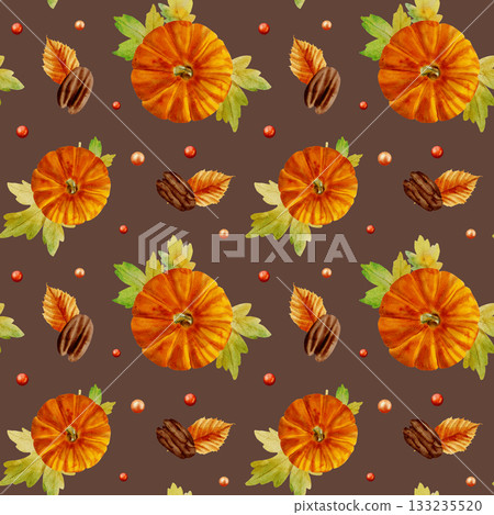 An autumn watercolor seamless pattern with leaves, pumpkins, and macadamia nuts on a brown background. An autumn watercolor seamless pattern with leaves, pumpkins, and macadamia nuts on a brown background. 133235520