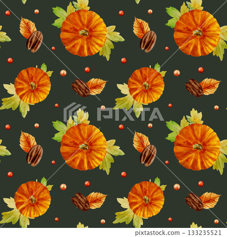 An autumn watercolor seamless pattern with leaves, pumpkins, and macadamia nuts on a green background. An autumn watercolor seamless pattern with leaves, pumpkins, and macadamia nuts on a green background. 133235521