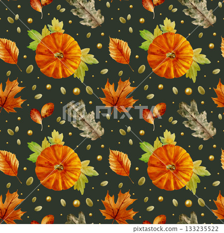 An autumn watercolor seamless pattern with leaves and pumpkins on a green background. 133235522