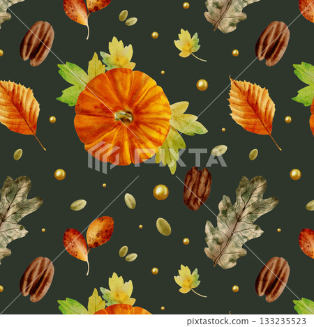 Watercolor autumn seamless pattern with leaves, pumpkins, and macadamia nuts on a green background, large objects Watercolor autumn seamless pattern with leaves, pumpkins, and macadamia nuts on a green background, large objects 133235523