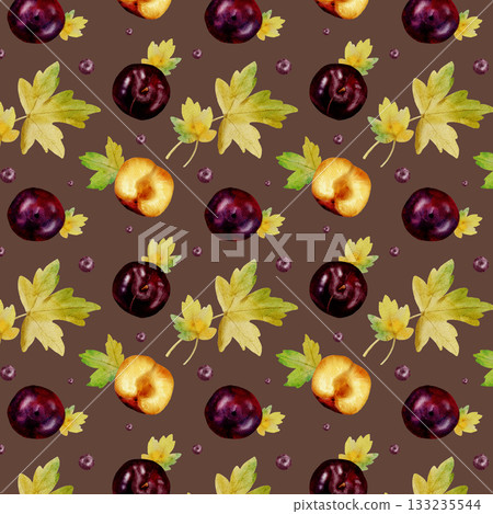 Seamless watercolor pattern with bright autumn leaves and plums on a brown background Seamless watercolor pattern with bright autumn leaves and plums on a brown background 133235544