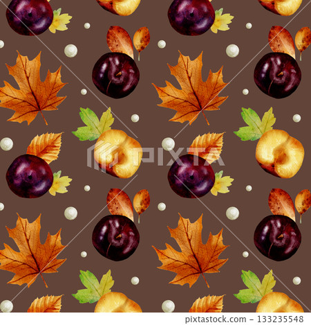 Seamless watercolor pattern with bright orange autumn leaves and plums on a brown background, large elements 133235548