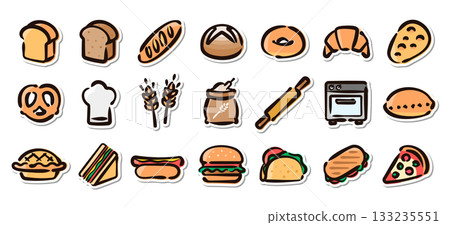 Bread and bakery hand-drawn illustration sticker set. Bakery materials, bread, baked goods vector material. 133235551