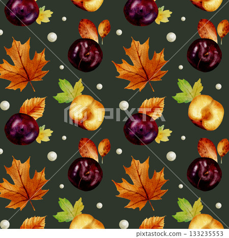 Seamless watercolor pattern with bright orange autumn leaves and plums on a green background, large elements 133235553