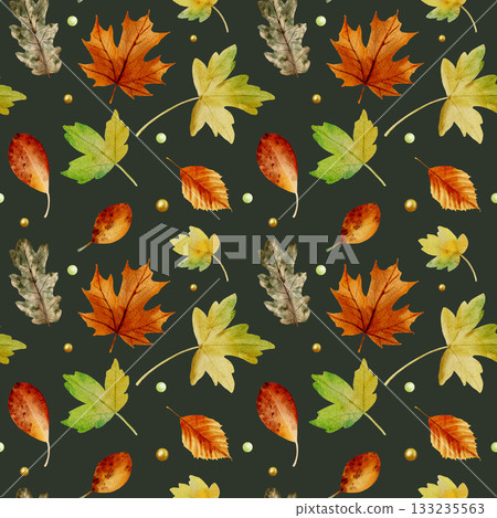 A watercolor seamless pattern with autumn leaves on a green background. A watercolor seamless pattern with autumn leaves on a green background. 133235563