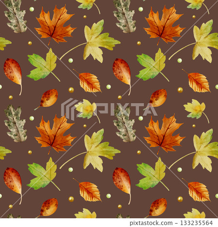 A watercolor seamless pattern with autumn leaves on a brown background. 133235564