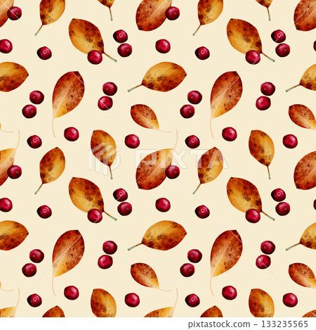 A seamless watercolor pattern with autumn leaves and berries on a beige background. 133235565