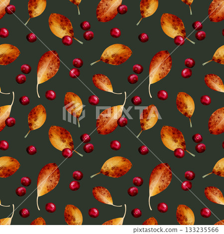 A seamless watercolor pattern with autumn leaves and berries on a green background. 133235566