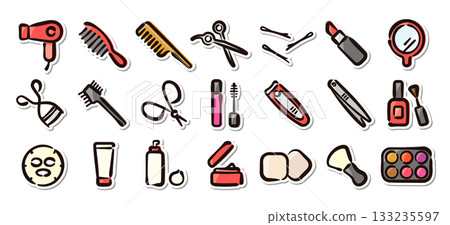 Beauty and cosmetics hand-drawn illustration sticker set. Skin care and makeup tools vector material. 133235597