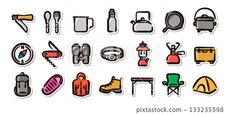 Camping equipment and outdoor gear hand-drawn illustration sticker set. Vector material for hiking and outdoor activity goods. Camping equipment and outdoor gear hand-drawn illustration sticker set. Vector material for hiking and outdoor activity goods. 133235598