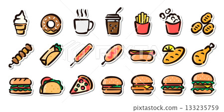 Fast food hand-drawn illustration sticker set - vector material including hamburgers, fries, drinks, etc. Fast food hand-drawn illustration sticker set - vector material including hamburgers, fries, drinks, etc. 133235759