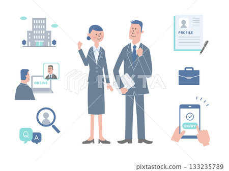 Job hunting illustrations | Men and women in business suits showing application, interview, and company explanation 133235789