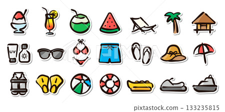 Summer vacation, beach resort hand drawn illustration sticker set Travel, leisure, summer holidays Summer vacation, beach resort hand drawn illustration sticker set Travel, leisure, summer holidays 133235815