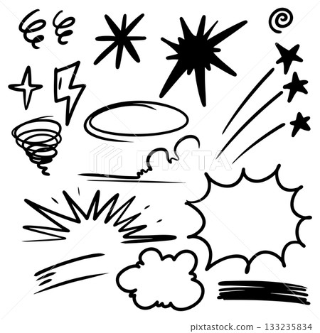 Comic Doodle Elements Set. Hand Drawn Sketch Effects and Cartoon Decorations. 133235834