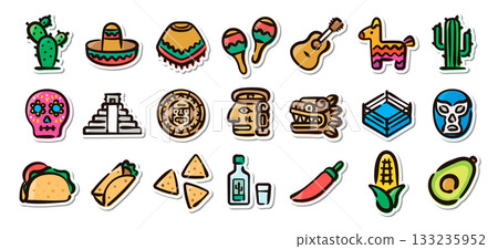 Mexican culture hand-drawn illustration sticker set - vector material of culture, ruins, and food 133235952