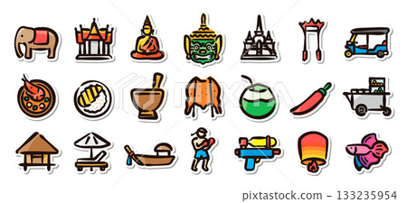 Hand-drawn illustration sticker set of Thai culture and specialties. Vector material for travel and tourism. Hand-drawn illustration sticker set of Thai culture and specialties. Vector material for travel and tourism. 133235954