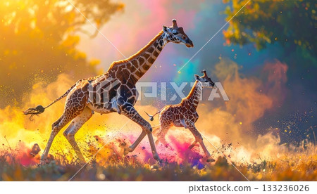 Running giraffe parent and child art wallpaper 133236026